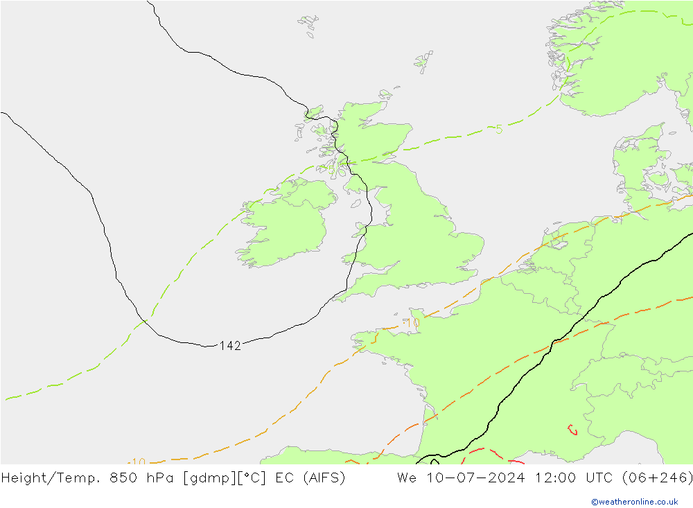 Hoogte/Temp. 850 hPa EC (AIFS) wo 10.07.2024 12 UTC