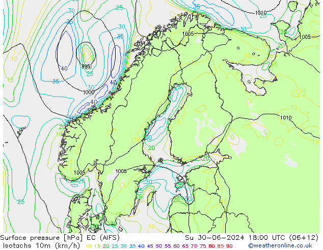 10米等风速线 (kph) EC (AIFS) 星期日 30.06.2024 18 UTC