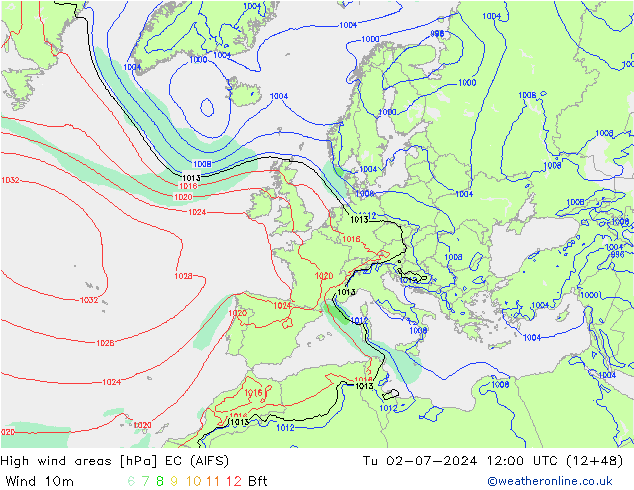 High wind areas EC (AIFS) 星期二 02.07.2024 12 UTC