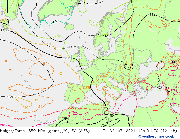 Hoogte/Temp. 850 hPa EC (AIFS) di 02.07.2024 12 UTC