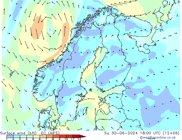 Wind 10 m (bft) EC (AIFS) zo 30.06.2024 18 UTC