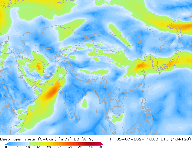 Deep layer shear (0-6km) EC (AIFS) vr 05.07.2024 18 UTC