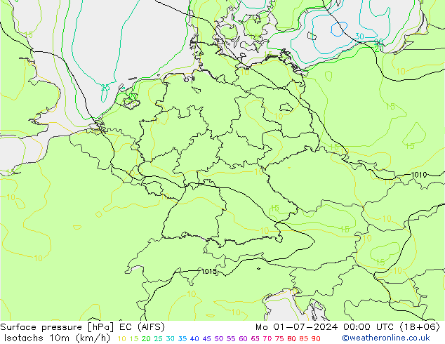 10米等风速线 (kph) EC (AIFS) 星期一 01.07.2024 00 UTC