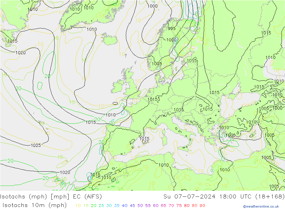 Isotachs (mph) EC (AIFS) 星期日 07.07.2024 18 UTC