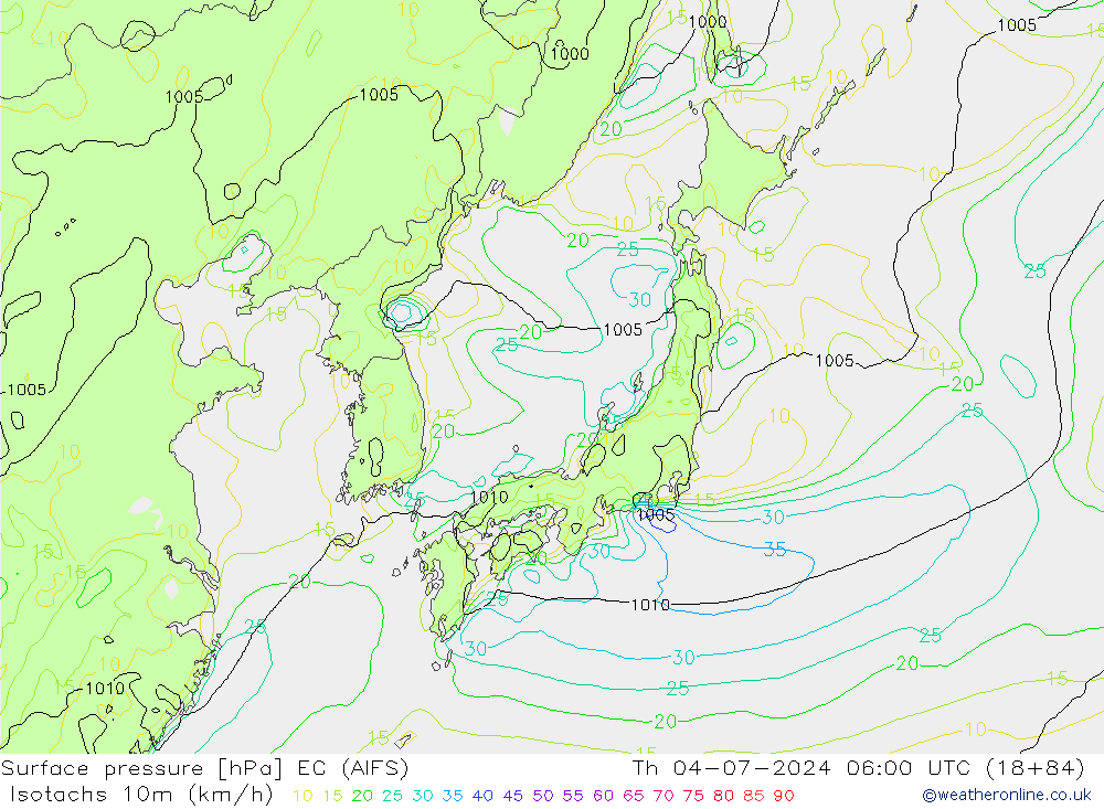 Isotachen (km/h) EC (AIFS) do 04.07.2024 06 UTC