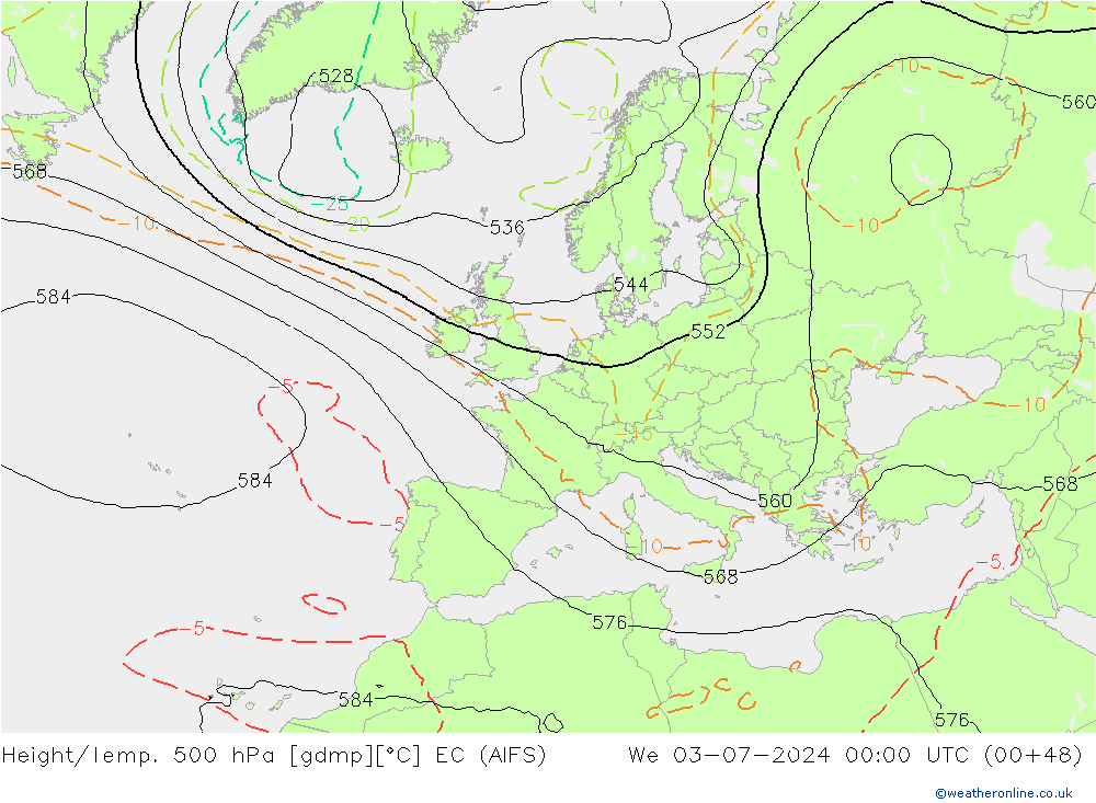 Height/Temp. 500 hPa EC (AIFS) 星期三 03.07.2024 00 UTC