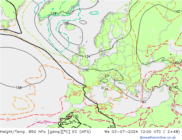 Hoogte/Temp. 850 hPa EC (AIFS) wo 03.07.2024 12 UTC