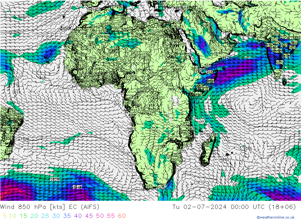 Wind 850 hPa EC (AIFS) di 02.07.2024 00 UTC