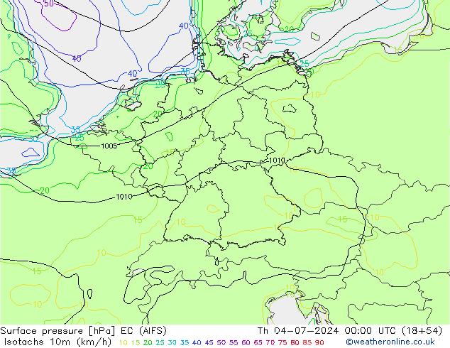 Isotachen (km/h) EC (AIFS) do 04.07.2024 00 UTC