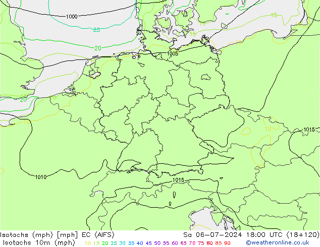 Isotachen (mph) EC (AIFS) za 06.07.2024 18 UTC