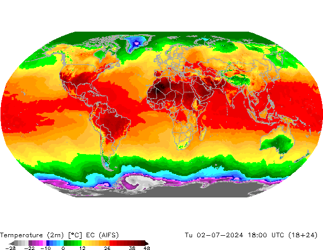 Temperatuurkaart (2m) EC (AIFS) di 02.07.2024 18 UTC