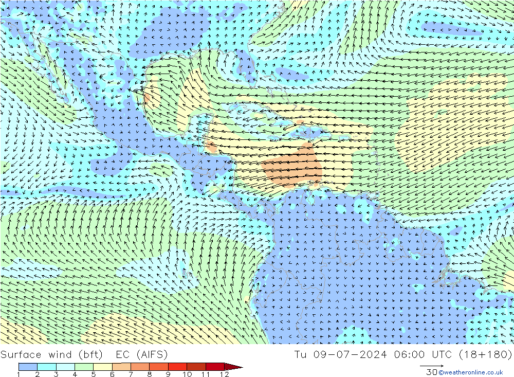 Wind 10 m (bft) EC (AIFS) di 09.07.2024 06 UTC