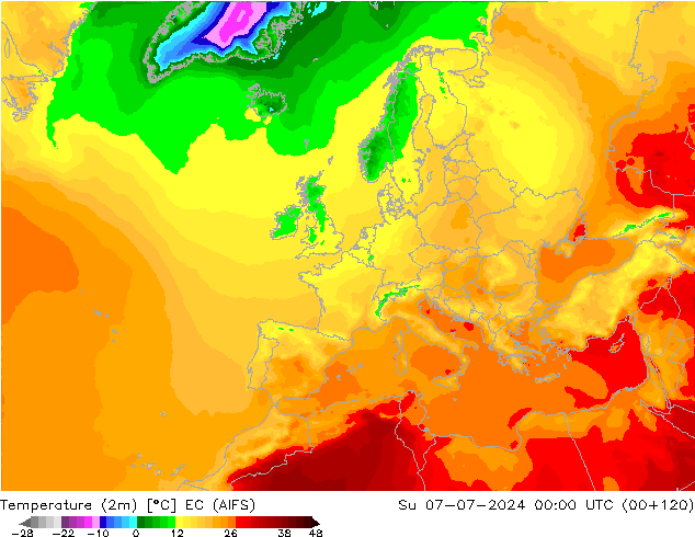 Temperatuurkaart (2m) EC (AIFS) zo 07.07.2024 00 UTC