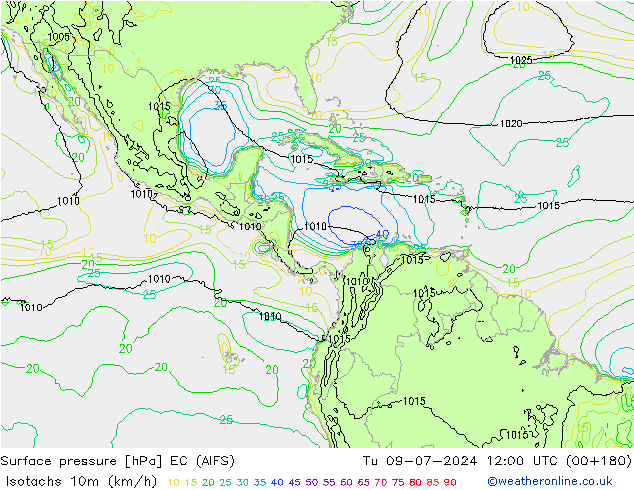 Isotachen (km/h) EC (AIFS) di 09.07.2024 12 UTC