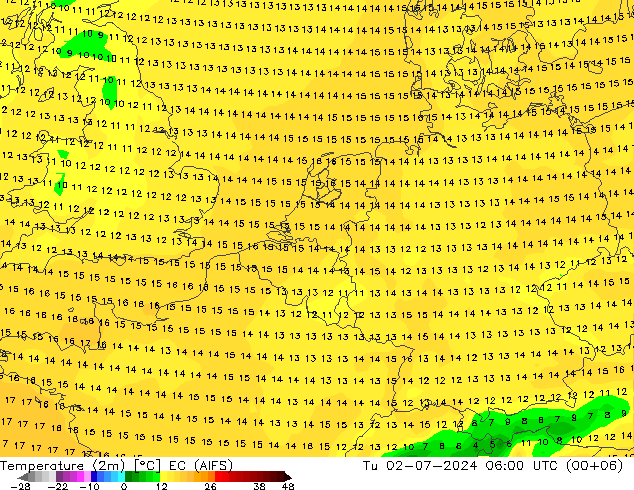 Temperatuurkaart (2m) EC (AIFS) di 02.07.2024 06 UTC