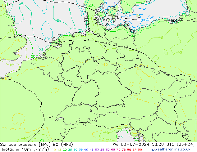 Isotachen (km/h) EC (AIFS) wo 03.07.2024 06 UTC