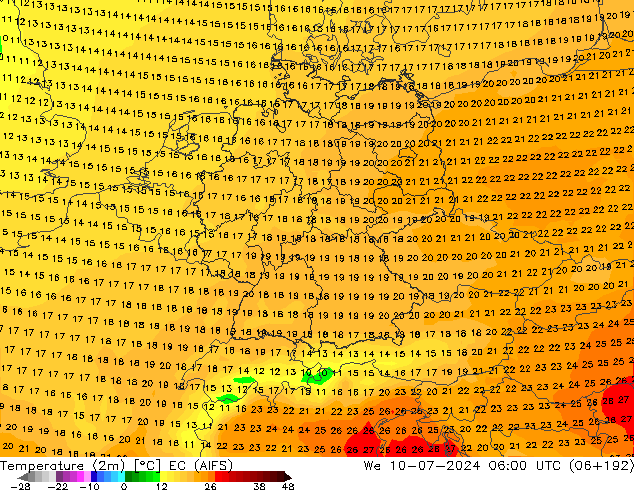 Temperatuurkaart (2m) EC (AIFS) wo 10.07.2024 06 UTC