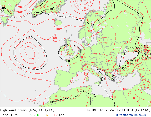 High wind areas EC (AIFS) 星期二 09.07.2024 06 UTC