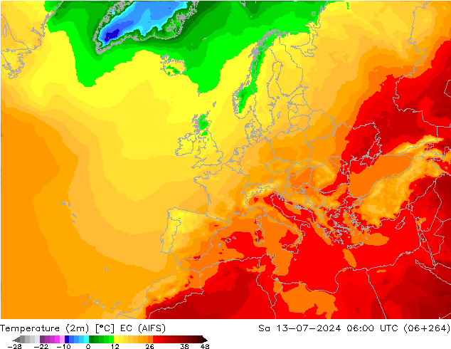 Temperatuurkaart (2m) EC (AIFS) za 13.07.2024 06 UTC