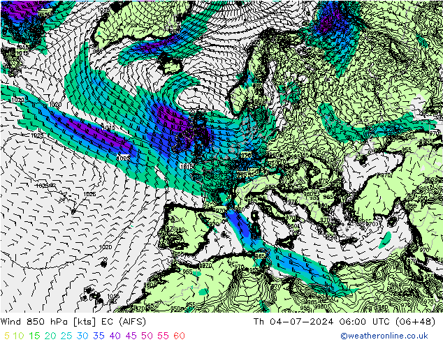 Wind 850 hPa EC (AIFS) do 04.07.2024 06 UTC