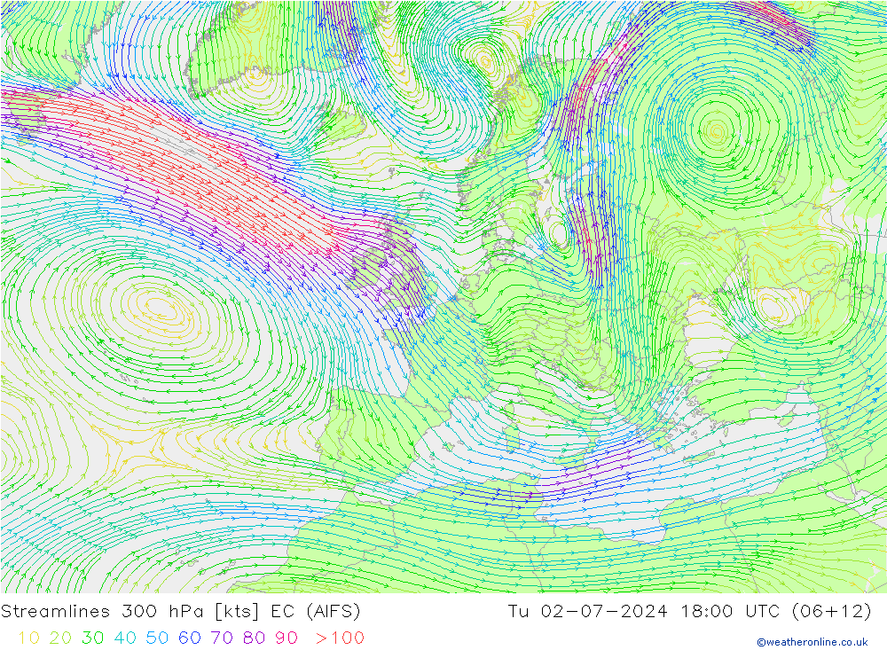 风 300 hPa EC (AIFS) 星期二 02.07.2024 18 UTC