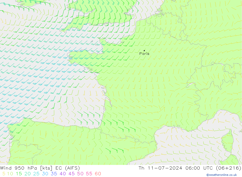 Wind 950 hPa EC (AIFS) do 11.07.2024 06 UTC