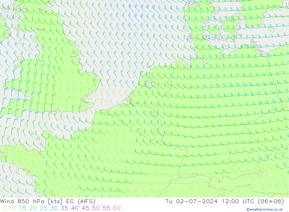 风 850 hPa EC (AIFS) 星期二 02.07.2024 12 UTC