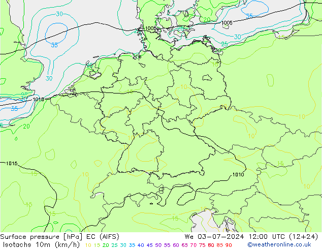 10米等风速线 (kph) EC (AIFS) 星期三 03.07.2024 12 UTC