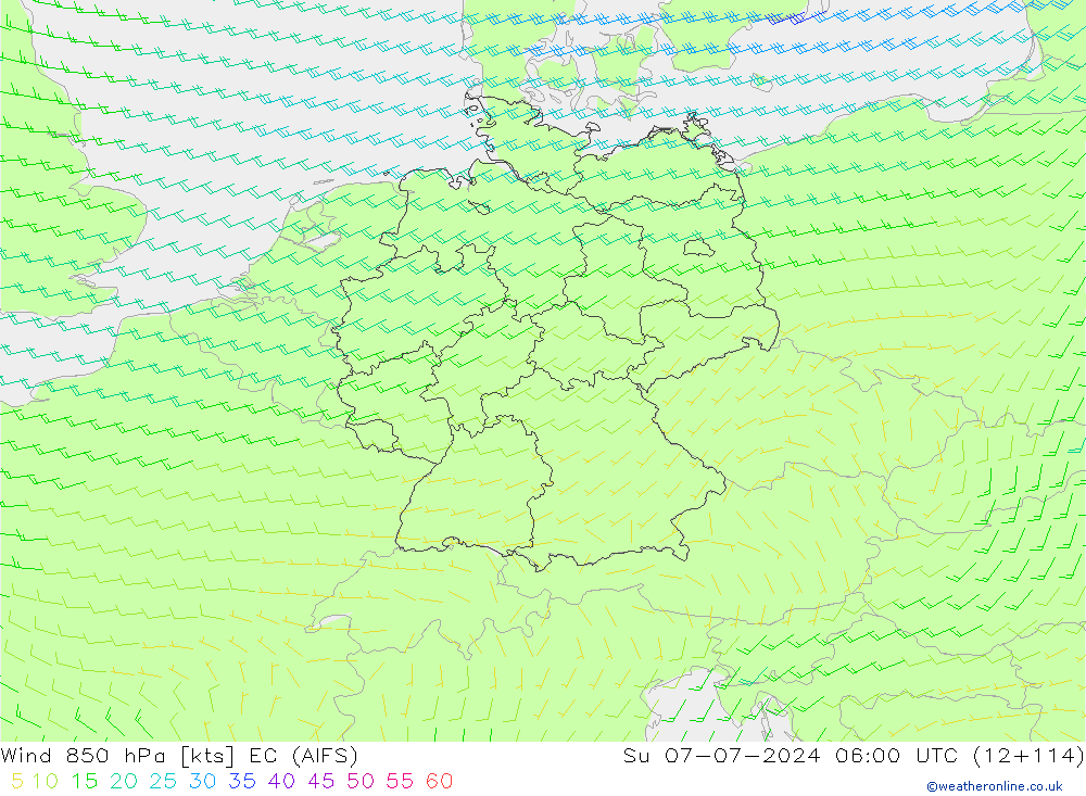 风 850 hPa EC (AIFS) 星期日 07.07.2024 06 UTC
