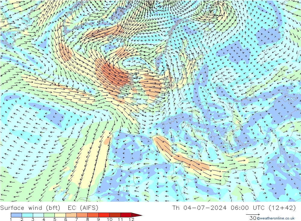 Wind 10 m (bft) EC (AIFS) do 04.07.2024 06 UTC