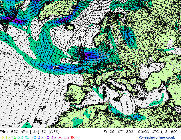 Wind 850 hPa EC (AIFS) vr 05.07.2024 00 UTC
