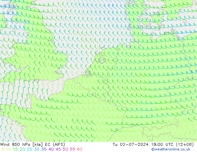 Wind 850 hPa EC (AIFS) di 02.07.2024 18 UTC