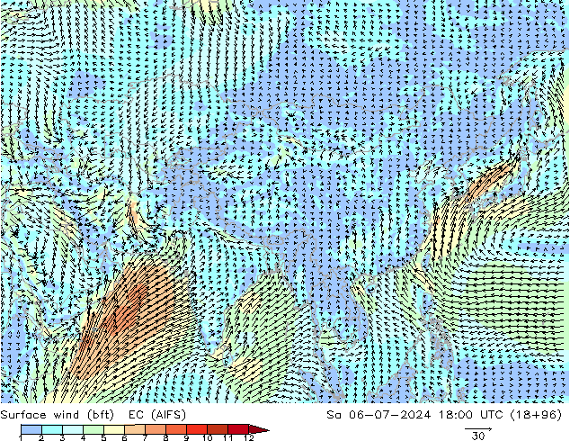 Wind 10 m (bft) EC (AIFS) za 06.07.2024 18 UTC