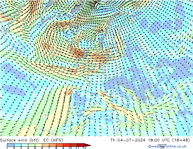 Wind 10 m (bft) EC (AIFS) do 04.07.2024 18 UTC