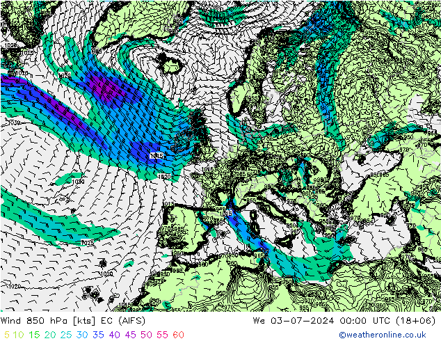 风 850 hPa EC (AIFS) 星期三 03.07.2024 00 UTC