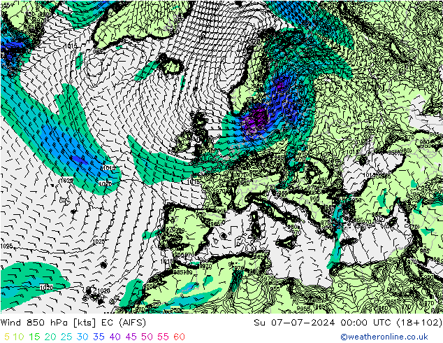Wind 850 hPa EC (AIFS) zo 07.07.2024 00 UTC