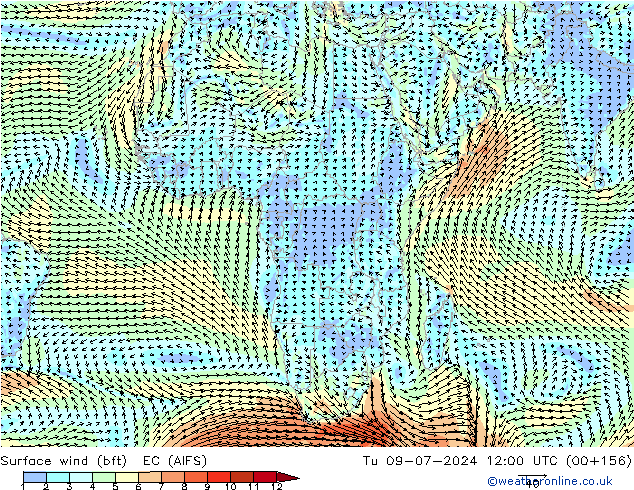 Wind 10 m (bft) EC (AIFS) di 09.07.2024 12 UTC