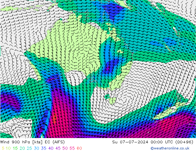 Wind 900 hPa EC (AIFS) zo 07.07.2024 00 UTC