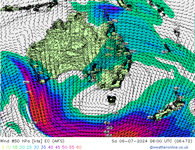 Wind 850 hPa EC (AIFS) za 06.07.2024 06 UTC