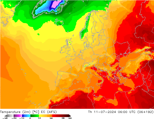 Temperatuurkaart (2m) EC (AIFS) do 11.07.2024 06 UTC