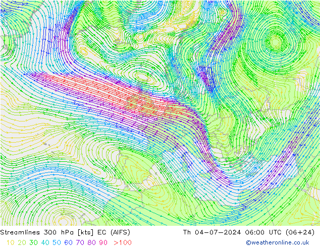 风 300 hPa EC (AIFS) 星期四 04.07.2024 06 UTC