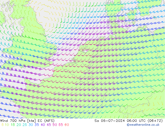 Wind 700 hPa EC (AIFS) za 06.07.2024 06 UTC