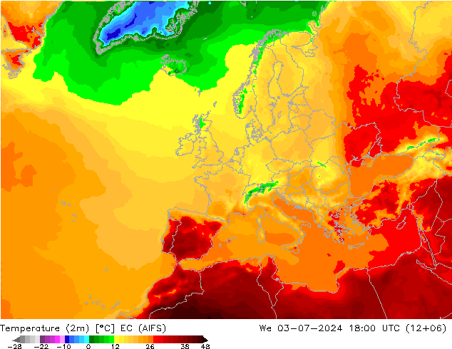 Temperatuurkaart (2m) EC (AIFS) wo 03.07.2024 18 UTC