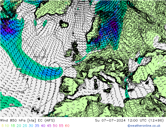 风 850 hPa EC (AIFS) 星期日 07.07.2024 12 UTC