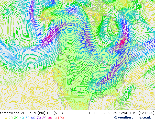 风 300 hPa EC (AIFS) 星期二 09.07.2024 12 UTC