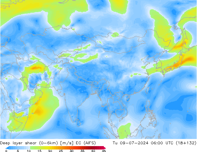 Deep layer shear (0-6km) EC (AIFS) di 09.07.2024 06 UTC