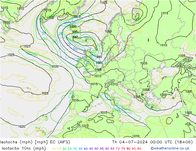 Isotachen (mph) EC (AIFS) do 04.07.2024 00 UTC