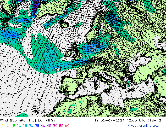 Wind 850 hPa EC (AIFS) vr 05.07.2024 12 UTC