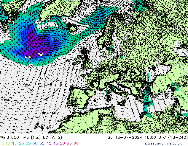 Wind 850 hPa EC (AIFS) za 13.07.2024 18 UTC