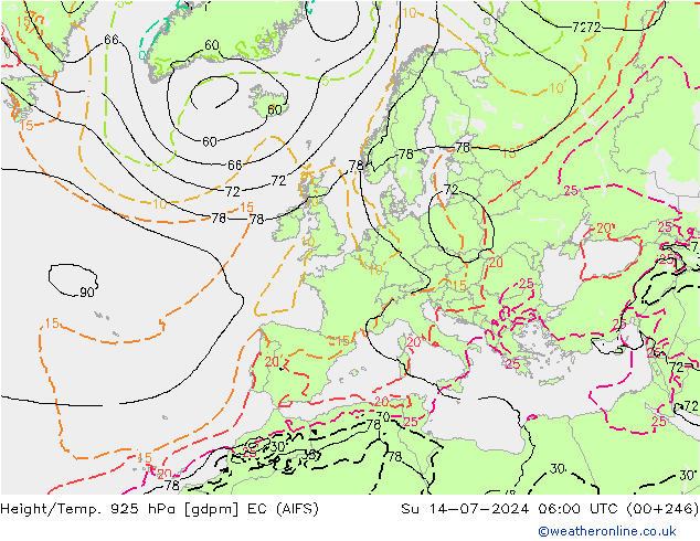 Hoogte/Temp. 925 hPa EC (AIFS) zo 14.07.2024 06 UTC